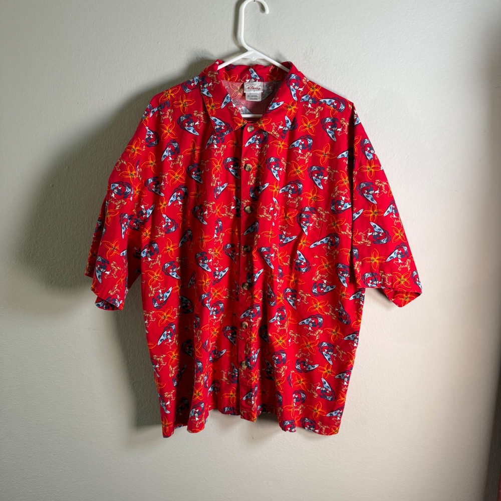 Disney Store Mens XXL Red Mickey Mouse Surfing Hawaiian Shirt Cotton Button Up